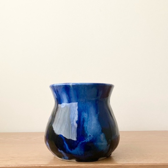 studio pottery artisan blue drip glaze hand thrown crafted vessel vase planter - Picture 8 of 11